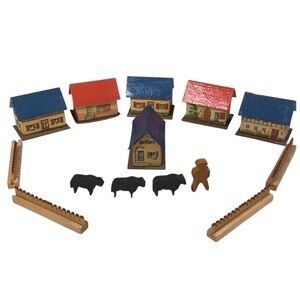 Putz Houses Erzgebirge Germany Village Lithograph Cardboard Wood Animals Figure
